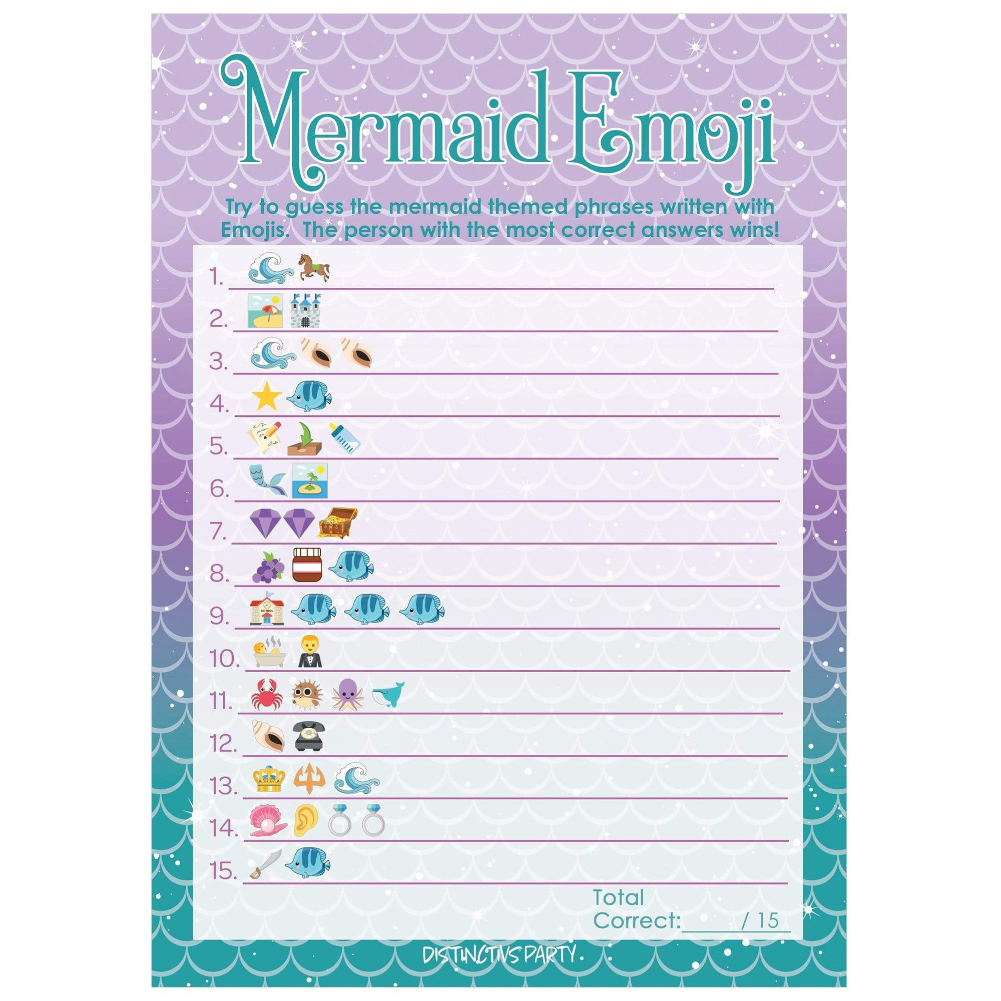 Purple Mermaid Birthday Party Emoji Game – 10 Cards